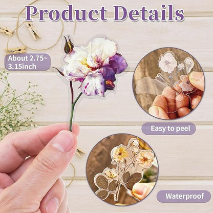 Transparent Flower Stickers for Scrapbooking PET Nature Plant Stickers Floral Stickers Vintage Craft Sticker Colorful Small Flower Sticker for Journaling Scrapbooking Clear Flower Decals(Style C)