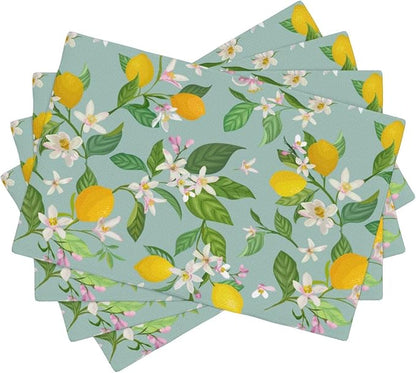 Lemon Linen Placemats Set of 4 Summer Tropical Fruits Floral Placemats for Indoor Outdoor Party Home Desktop Kitchen Dining Room Decor 12x18 Inch