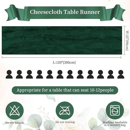 Emerald Green Christmas Cheesecloth Table Runner 10FT Long Boho Gauze Table Runner Rustic Sheer Runner for Wedding Bridal Baby Shower Birthday Party Table Decor Home Christmas Decorations（6 Pack）
