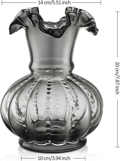 Joeyan Handmade Grey Glass Flower Vase,7.9" Vintage Decorative Urn Vase for Centrepieces Bouquet Wedding,Colored Thickened Pedestal Decorations for Rustic Home Living Room Office Farmhouse