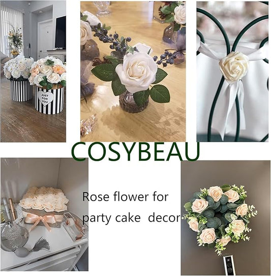 Champagne Artificial Fake Roses 25 PCS with Stem, Flowers for Crafts Bouquets for DIY Wedding Centerpieces Table Arrangements for Party Home Garden Decorations