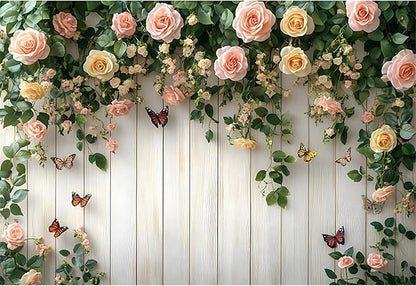 Baocicco 7x5ft Wooden Flower Backdrops for Photography Spring Botanical Green Leaves Butterfly Farmhouse Background for Engagement Bridal Shower Baby Shower Birthday Wedding Party Decoration Supplies