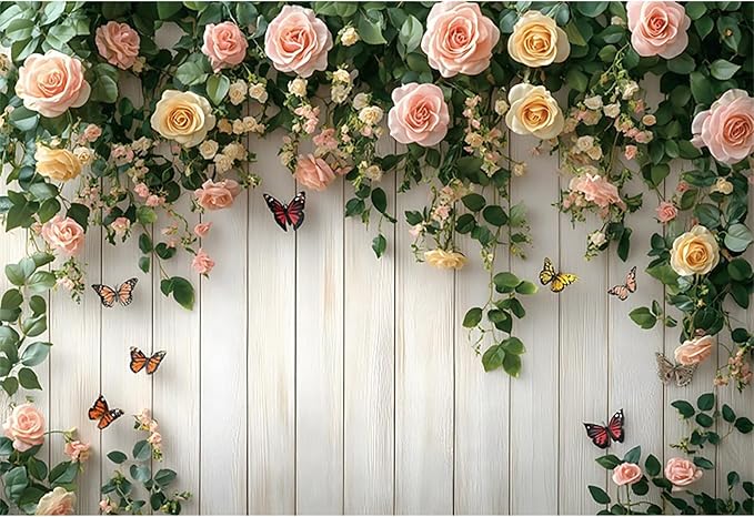 Baocicco 12x8ft Wooden Flower Backdrops for Photography Spring Botanical Green Leaf Butterfly Farmhouse Background for Engagement Bridal Shower Baby Shower Birthday Wedding Party Decoration Supplies