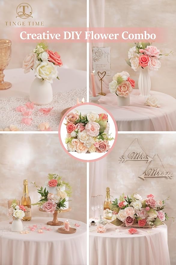 TINGE TIME Artificial Flowers Combo Mix Silk Flowers Pink Roses w/stem for DIY Wedding Bridal Bouquets Baby Shower Floral Arrangement Table Centerpieces Home Decorations (Pink & Champagne)
