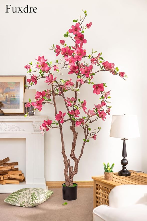 Faux Magnolia Tree 6.8 ft - with 57 Pcs Fuchsia Flowers - Tall Artificial Plants Indoor, Large Fake Plant Perfect Potted Magnolia Flower Decor for Living Room, Stairs, Shop, Porch, Study Room
