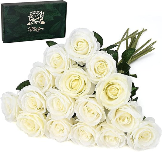 Waipfaru 16 Pcs Artificial Flowers Fake Silk White Roses Bulk, Faux Real Touch Roses Bouquet with Long Stem for Wedding Party Home Decor (White)