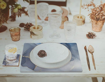 Set of 4 Heat Resistant Cork Placemats for Dining Table with Free Set of 4 Matching Drink Coasters Marble Design 16 x 12 Inches Cork Backed Hard Placemats (Blue & Gold)