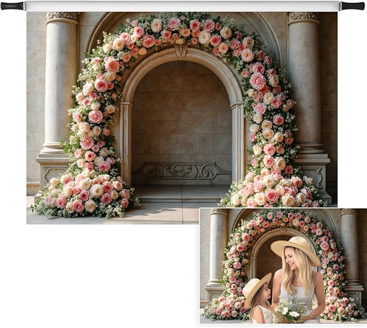 7x5ft Vintage Pink Roses Floral Backdrop Retro Palace Wall Flowers Arch Photography Background for Wedding Mothers Day Valentines Day Bridal Birthday Princess Couples Women Portraits