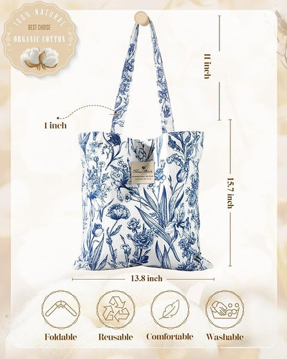 Aesthetic Cotton Tote Bag for Women - Reusable Shoulder Bag with Buckle Fabric Bag for Gym, Travel, Work