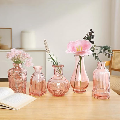 Pink Bud Vases in Bulk 12, Vintage Small Vases for Flowers, Clear Mini Glass Vase for Centerpieces, Decorative Embossed Flower Vase for Wedding Table Decoration, Baby Shower, Birthday Party