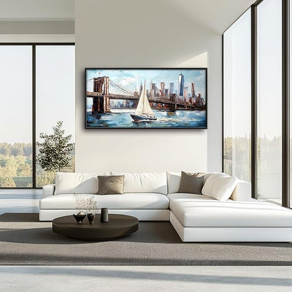 Extra Large Sailboat Framed Wall Art for Living Room,Oversized New York Brooklyn Bridge Pictures Wall Decor,Cityscape Canvas Print Painting Modern Artwork Bedroom Office Bathroom 60L x 30W