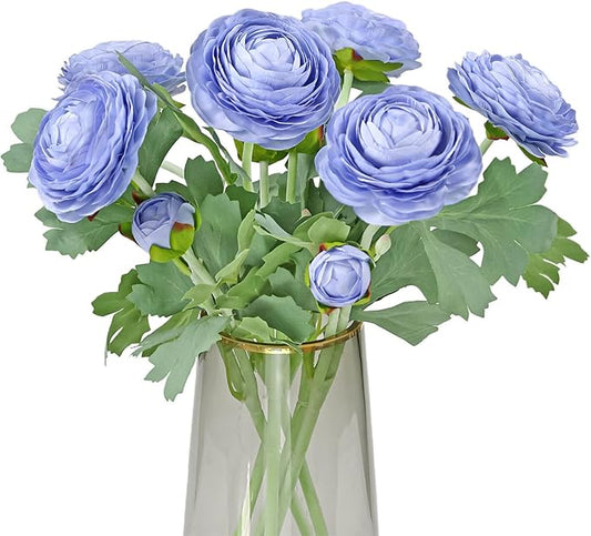 Artificial Ranunculus Flowers with Real Touch Stem,Silk Ranunculus Flowers (Blue, 6pcs)