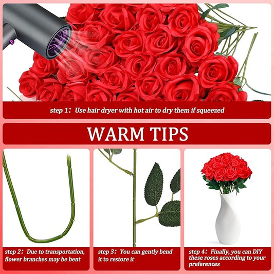30pcs Fake Roses Artificial Silk Flowers Long Stems Bouquet for Wedding Bridal Shower Party Home Decoration (Red)