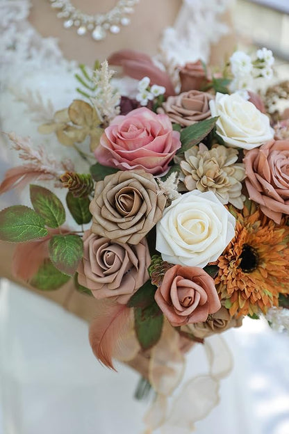YYHUAWU Artificial Flowers Combo Box Set Gradient Color Flower Leaf with Stems for DIY Wedding Bouquets Centerpieces Baby Shower Party Home Decorations (Garden Dusty Rose)
