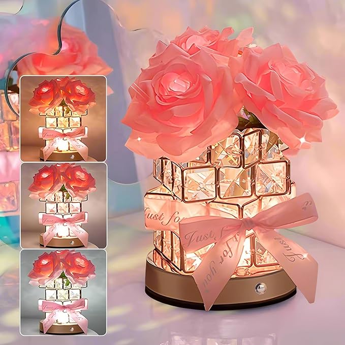 Rose Flower Lamp,Rechargeable Cordless Touch Table Lamp for Bedroom,3-Colour Dimming Small Night Light,Crystal Bedside Lamps with USB Charge,Birthday Christmas Gifts for Women,Mom (Rose Flower Lamp)