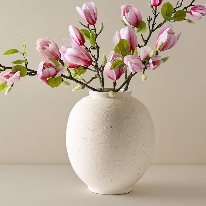 Large White Ceramic Vase, 9.8 inch Rustic Farmhouse Flowers Vase for Home Decor, Sandstone Texture Round Pottery Tall Vase Indoor for Table Living Room Decor