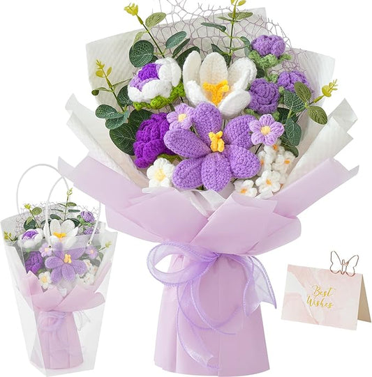 Cilimnas Crochet Flower Bouquet,Purple Knitted Flowers, Handmade Tulips Roses Bouquet for Birthday Party Mother's Day Graduation Gifts
