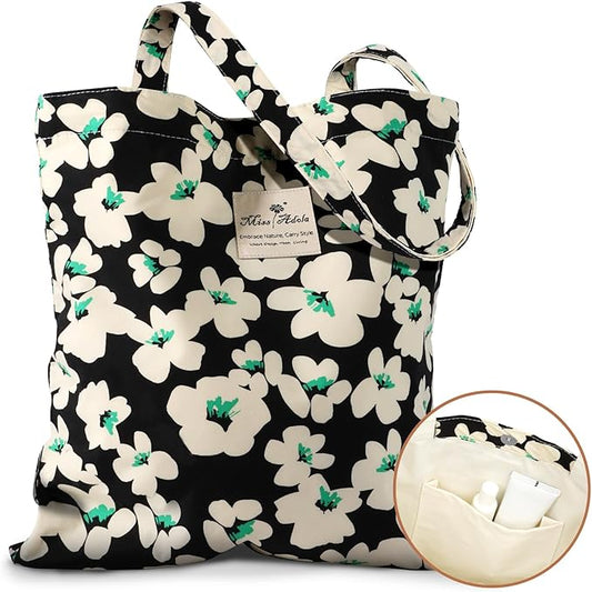 Aesthetic Cotton Tote Bag for Women - Reusable Shoulder Bag with Buckle Fabric Bag for Gym, Travel, Work