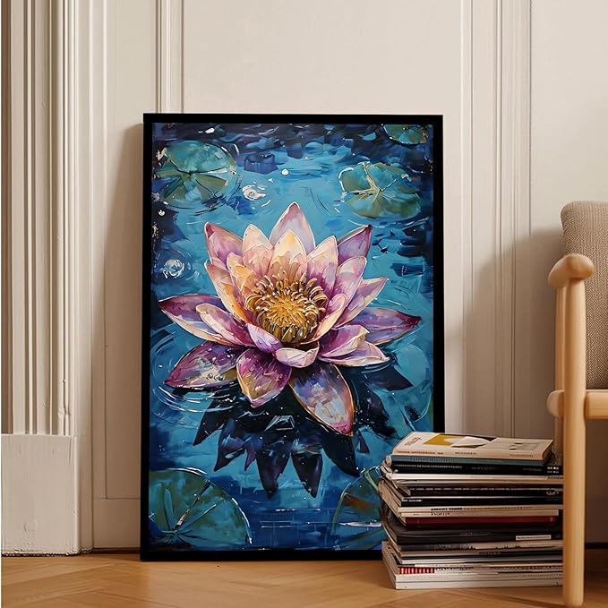 Gorgeous pink and purple water lilies on deep blue water Eye-catching oil painting Serene aquatic wall art for modern home decor 16x24in Metal blackFramed