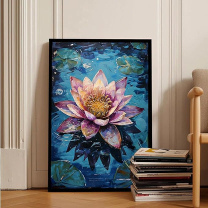 Gorgeous pink and purple water lilies on deep blue water Eye-catching oil painting Serene aquatic wall art for modern home decor 24x36in Metal blackFramed