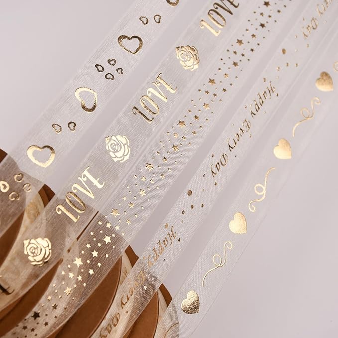 ‌SAYUAN Gold Hearts Ribbon 5/8 Inch x 30 Yards Organza Ribbon with Gold Heart Pattern for Valentine's Day Birthday Christmas Gift Wrapping Handmade Crafts Floral Bouquet Wedding Party Decoration