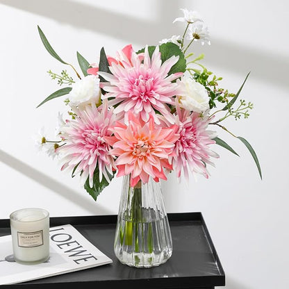Artificial Flowers with Vase – Faux Silk Dahlia & White Roses Floral Arrangement, Elegant Fake Flower Bouquet for Wedding, Home Décor, Dining Table Centerpiece, Office, Farmhouse Decoration