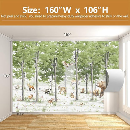 Kids Wallpaper Green Forest Animal Wall Mural for Children's Room Nursery Bedroom（Not Peel and Stick）