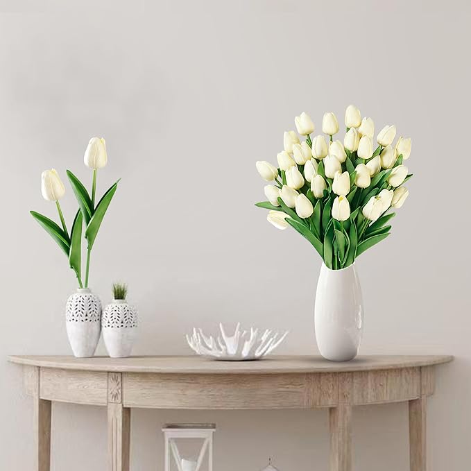 Sggvecsy 15 Pcs Fake Tulips Artificial Flowers Real Touch PU Faux Flowers Tulip Stems for Wedding Spring Bouquet Floral Arrangement Home Party Office Decorations for Mother's Day (Milk White)