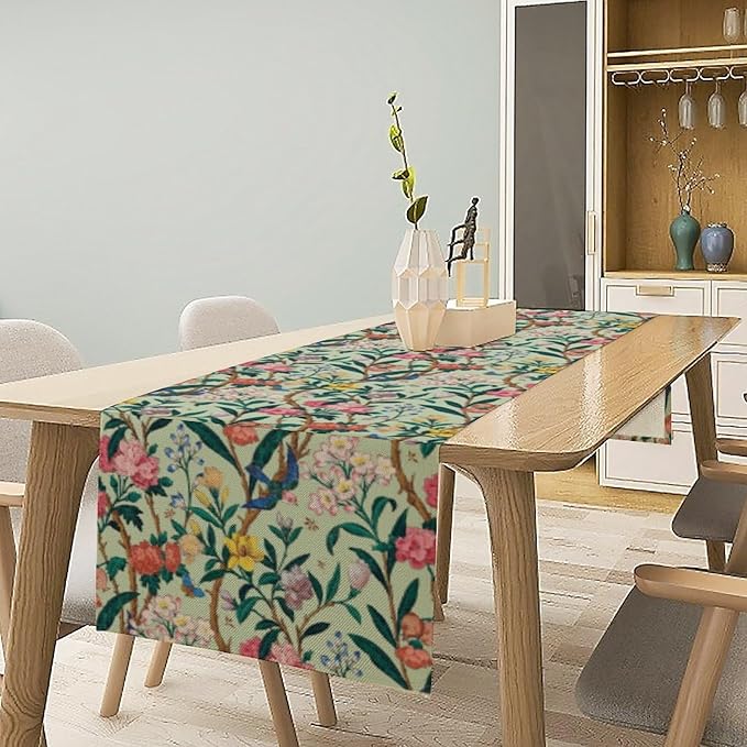 William Morris Floral Table Runner, Birds Butterflies and Bees Botanical Flower Original Design Print Table Runner for Home Party Dining Room Kitchen Decor 13x60 Inch