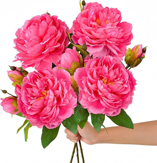 ASTRYAS 4Pcs Large Peonies Artificial Flowers, Hot Pink Fake Silk Peony with Long Stem, Faux Peonies Flowers for Tall Vase Centerpiece Table Wedding Party Home Festival Decor