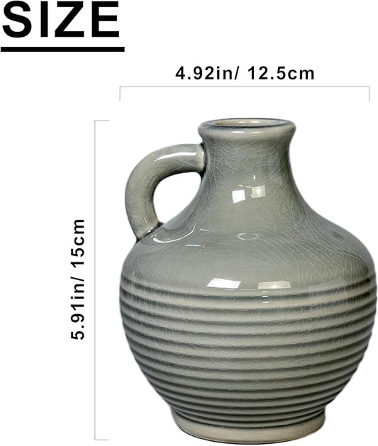 Sunddo Gray Ceramic Flower Vase， 6 Inch Small Modern Boho Vase for Home Decor, Decorative Vases with Handle, Neutral Accent for Minimalist, Table, Living Room, Bathroom, Shelf, Mantel Decor