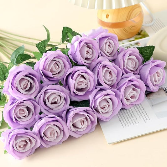 15Pcs Pearl Purple Roses Artificial Flowers Fake Roses Long Stem Velet Rose Silk Flowers for Home Wedding Decoration (Pearl Roses,Purple)