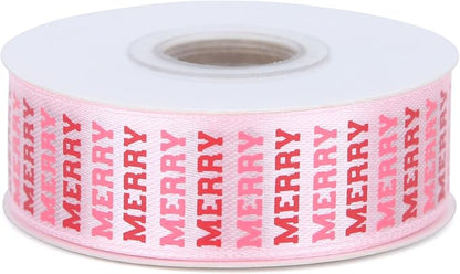 Gingerbread with Candy Canvas Ribbon 7/8 Inch 20 Yards Pink White Merry Christmas Candy Cane Fabric Craft Ribbon for Christmas Gift Wrapping Wreath Bow DIY Crafts Supplies (Pink Merry)