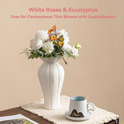 Sculptural Lily Vase - White Matte Ceramic with Ruffled Rim & Wave Texture, 10.2" Unique Flower Vase for Pampas Grass/Centerpieces, Decorative Vase for Living Room/Office, Ideal Gift for Art Lovers