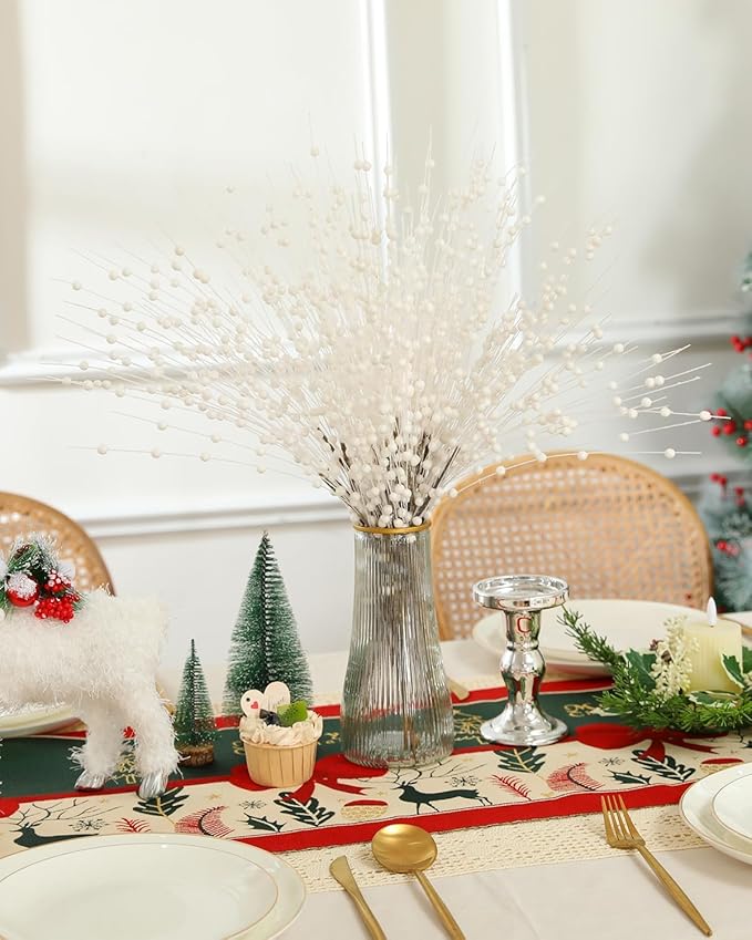 Christmas Artificial Glitter Holly Berry Stem,12Pcs Fake Christmas White Berries Branches Twigs 16 in Holly Berries Stem Picks for Christmas Tree Floral Arrangements Vase Home Decor