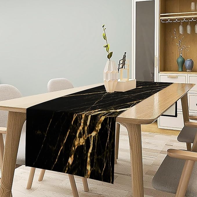 Black Grey Marble Table Runner Abstract Gold Black Grey Marble Pattern Seasonal Dinner Runner Table Decoration for Farmhouse Home Kitchen Dining Holiday Party 13x120in