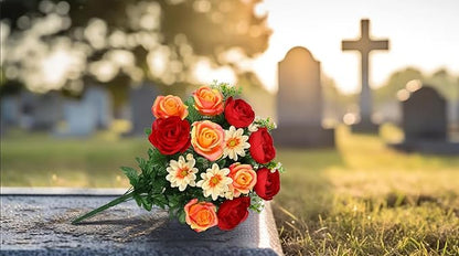 Hollyone Set of 2 Artificial Cemetery Flower for Graves Red Orange Cemetery Memorial Flowers for Outdoor Grave Decorations Silk Flower Arrangements Rose Ranunculus Gerbera Floral Flowers Bouquets