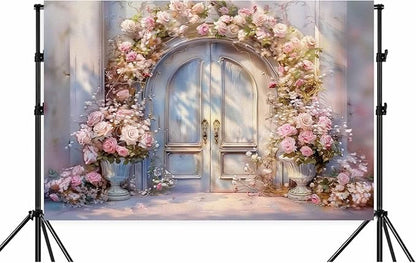8X6ft Pink Floral Photography Backdrop, Retro Oil Painting Flowers Photography Backdrop Dreamlike Wedding Portrait Photo Background Wedding Birthday Party Background Banner Decor