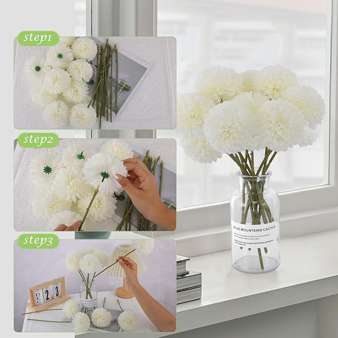 12 Pcs Artificial Chrysanthemums Flowers Silk Ball White Flowers Fake Mums Spring Flowers for Valentine‘s Day Wedding Home Decor (12, White)