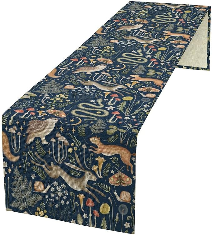 Fairy Forest Table Runner, Rustic Retro Woodland Wildlife Owl Squirrel Flowers Mushroom Seasonal Holiday Kitchen Dining Coffee Table Decoration For Home Indoor Outdoor Party Wedding, 13x36inch