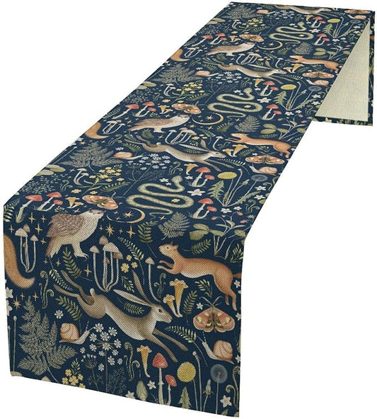 Fairy Forest Table Runner, Rustic Retro Woodland Wildlife Owl Squirrel Flowers Mushroom Seasonal Holiday Kitchen Dining Coffee Table Decoration For Home Indoor Outdoor Party Wedding, 13x108inch