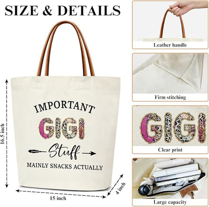 Canvas Tote Bag for Women, Important Stuff Bag with Leather Handle, Reusable Grocery Bags for Shopping Beach Travel