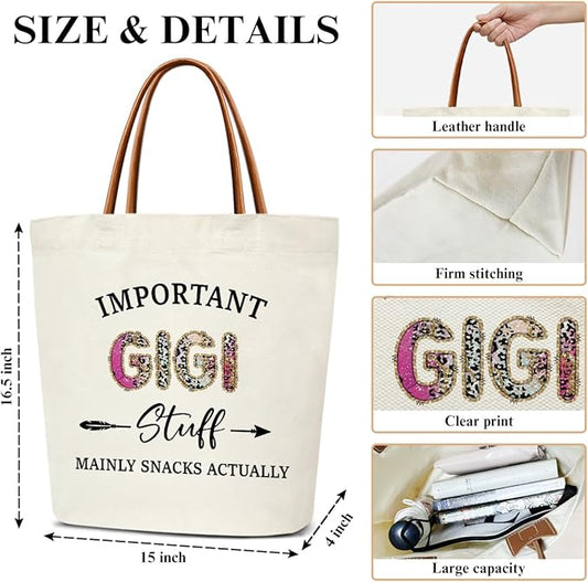 Canvas Tote Bag for Women, Important Stuff Bag with Leather Handle, Reusable Grocery Bags for Shopping Beach Travel