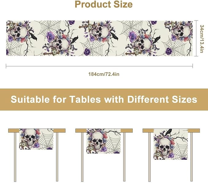 Gothic Floral Table Runner, Retro Dark Skull Spider Web Crow Flower Halloween Witchy Coffee Table Center Decor for Home Kitchen Dining Patio Holiday Party Table Decorations 13x108 inches