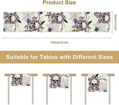 Gothic Floral Table Runner, Retro Dark Skull Spider Web Crow Flower Halloween Witchy Coffee Table Center Decor for Home Kitchen Dining Patio Holiday Party Table Decorations 13x90 inches
