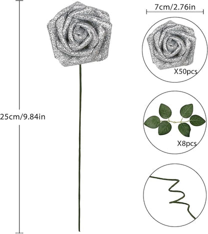 Fake Roses,50PCS Silver Roses Artificial Flowers 2.76" Foam Roses with Stems for Wedding Christmas DIY Wreath Home Table Floral Arrangement(Silver)