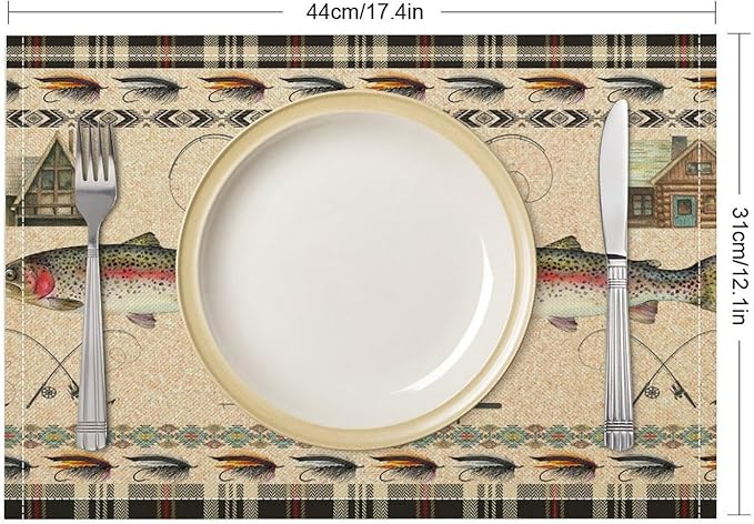 Rustic Cabin Bear Placemats Fishing Rods Lure Southwestern Check Plaid Brown Art Printed Dining Table Mats Set of 4 for Home Kitchen Holiday Picnic Party Decor 12x18in