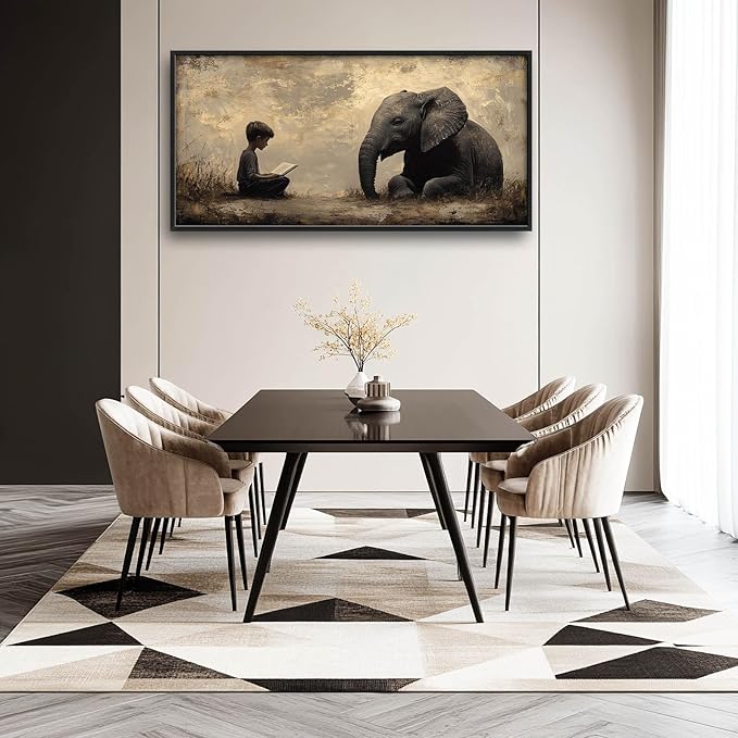 Elephant Large Wall Art Boy Reading Pictures Wall Decor Animal Canvas Elephant Print Painting Modern Artwork Home Decoration for Living Room Bathroom Bedroom Office Framed 60"x30"