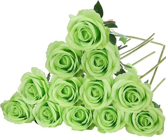Felice Arts 12 Pack Light Green Artificial Flowers with Stems Silk Roses Fake Flowers Bouquet for Wedding Centerpiece Table Vase Home Kitchen Party DIY Decor
