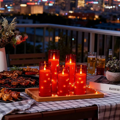 Flameless LED Candles with Timer 24 Pc Flickering Flameless Candles for Romantic Ambiance and Home Decoration Stable Acrylic Shell,with Embedded Star String，Battery Operated Candles（Red）
